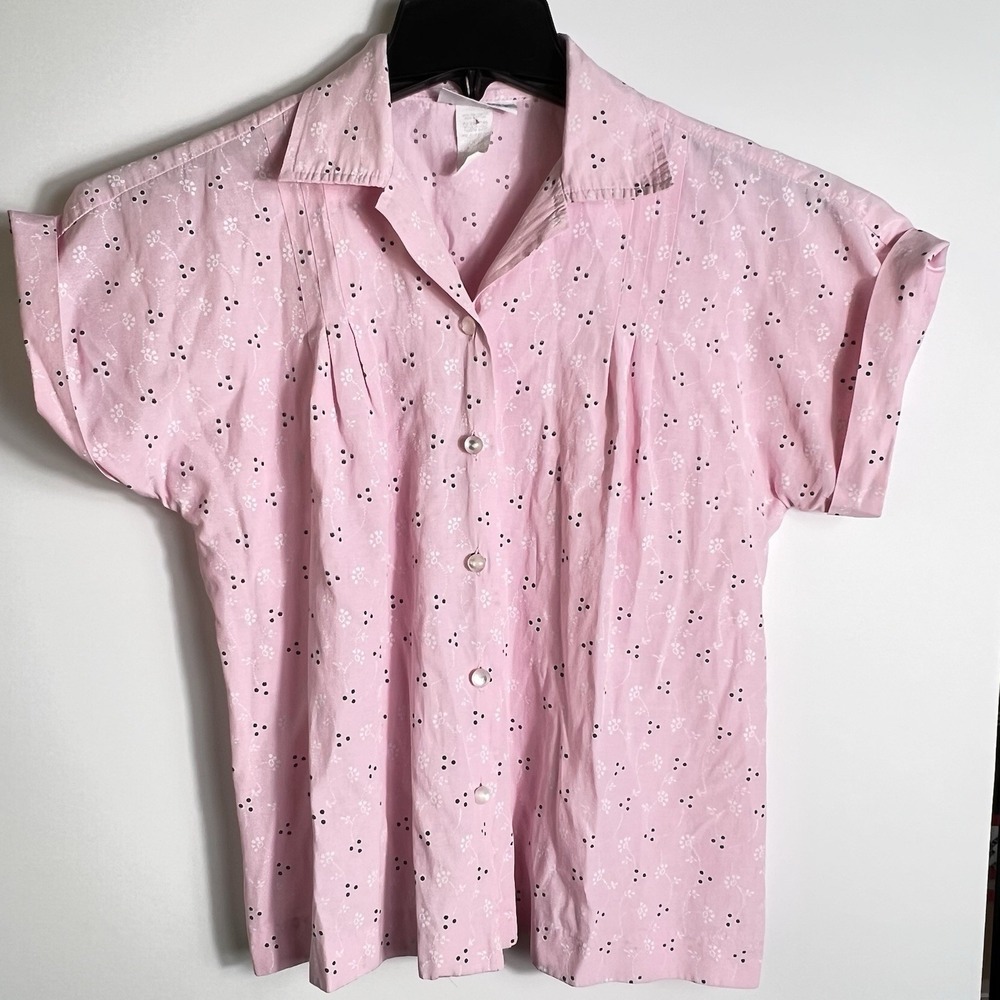 Vtg Blair Pink Floral Button Front Blouse Womens S/M 80s Cottage **Measurements*